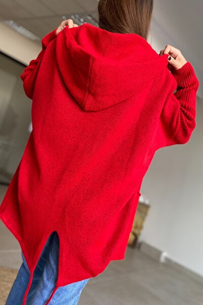 FEMELLE Women's Red Bat Sleeve Double Pocket Hooded Loose Loose Oversize Standard Size Knitwear Cardigan