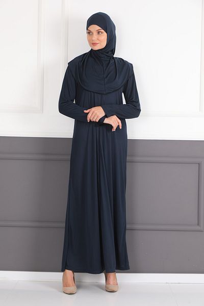 Feyza Fashion Μπλε Navy One Piece Εύκολη Φορέστε Φόρεμα προσευχής με φερμουάρ