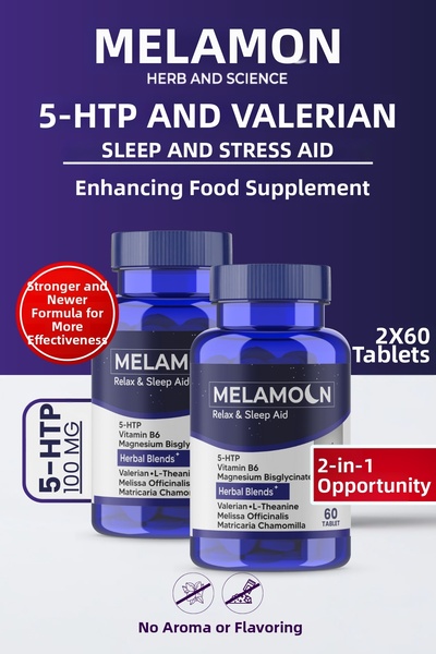 Melamoon 5-Htp, and Kudzu Extract, Contains Sleep and Stress Relief, Dietary Supplement (2X60Tablets)