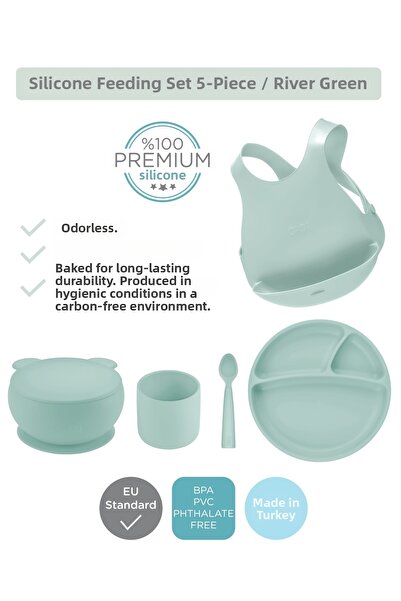 OiOi طقم ريفر جرين مكون من خمس قطع (مريلة + طبق + وعاء + كوب + ملعقة)