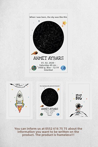 Mutluluk Atölyem A4 - 21X30 cm 3 Pieces Space Themed Birth Announcement Poste...