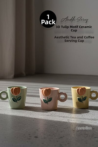 Anadolu Saray Embossed Tulip Motif Ceramic Mug - Aesthetic Tea Coffee Present...