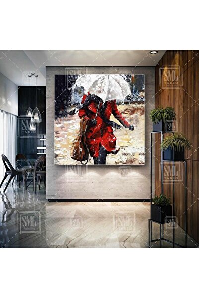 SML TABLO Woman in a Red Coat Walking in the Rain with a Chambray Square Art ...