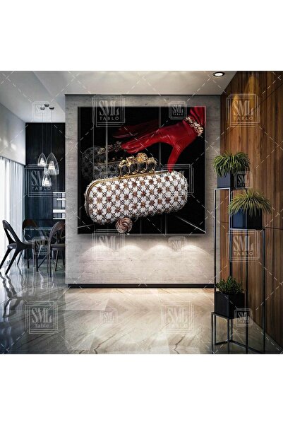 SML TABLO Geantă de rochie de seară cu detalii aurii și roșii Mănuși din piel...