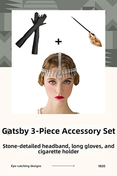 shop Eleganța Gatsby: Set de 3 piese cu detaliu din piatră, mănuși lungi și s...