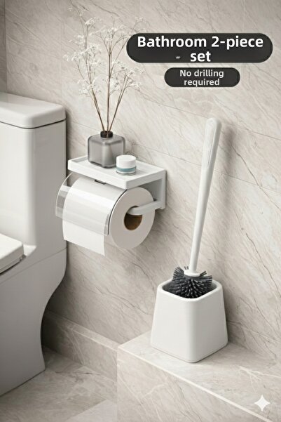DEYHOME طقم حمام فاخر مكون من قطعتين - حامل ورق التواليت مع رف وغطاء لاصق وفرشاة مرحاض من السيليكون
