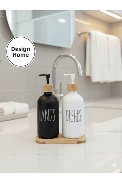 Tasarım Evi Black and White Hand Soap and Dish Soap Dispenser Set with Bamboo Stand