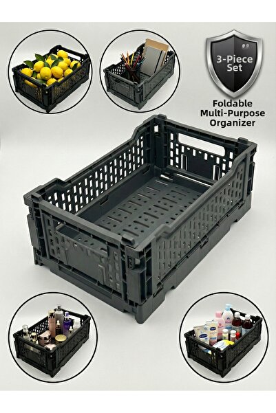 EMBazaar منظم مكتبي بلاستيكي قابل للطي باللون الرمادي، سلة تنظيم للحمام والمطبخ والمكتب، مقاس 27x17x10.5 سم