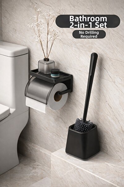 DEYHOME طقم حمام مكون من قطعتين - حامل مناديل تواليت مع رف وغطاء لاصق وفرشاة مرحاض من السيليكون غير اللامع