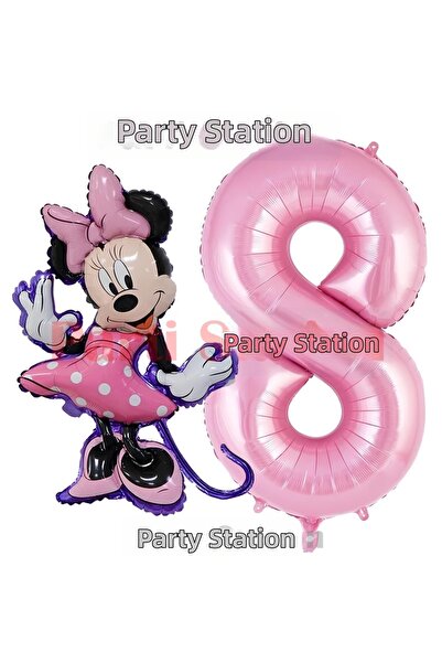 Parti Station مجموعة بالونات رقمية من الفويل الوردي بتصميم ميني ماوس لعمر سنة...