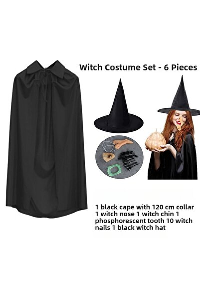 Marsilyan Σετ στολής μάγισσας 6 τεμαχίων - Καπέλο, μανδύα, δόντια, νύχια, σαγ...