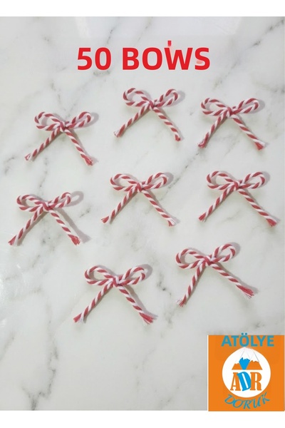 Atölye Doruk 50 Pieces Martenitska Bow - Red and White String Ribbon Bow - Martenitska String