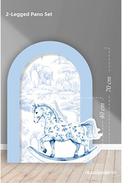 neşeli günlerim مجموعة من لوحتين ذات أرجل، خلفية سفاري زرقاء، تصميم الحصان الهزاز / 70 سم - 40 سم