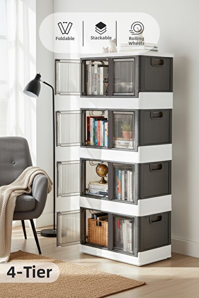 Vienev 4-Piece Folding Stackable Organizer Box with Double Lid Anthracite