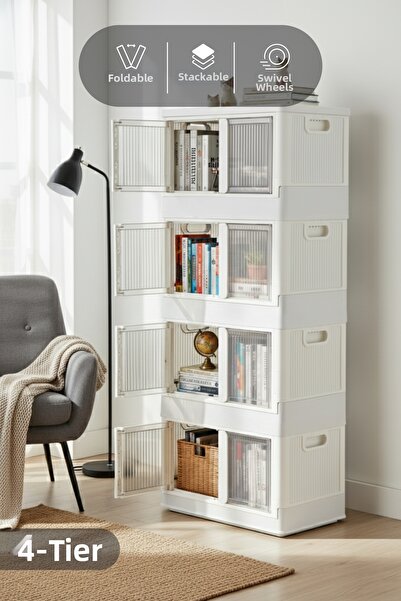 Vienev 4-Pack Stackable Folding Double Lid Organizer Box White