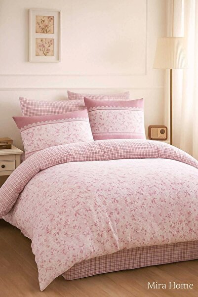 Mira Home طقم غطاء لحاف قطني مزدوج بتصميم زهري وردي رومانسي