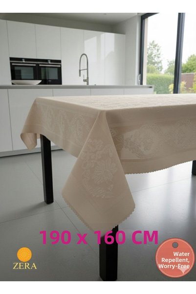 zera collection Tablecloth Beige Jumbo Erasable Board Jacquard - Self-Embroidered - Washable (190X160Cm)