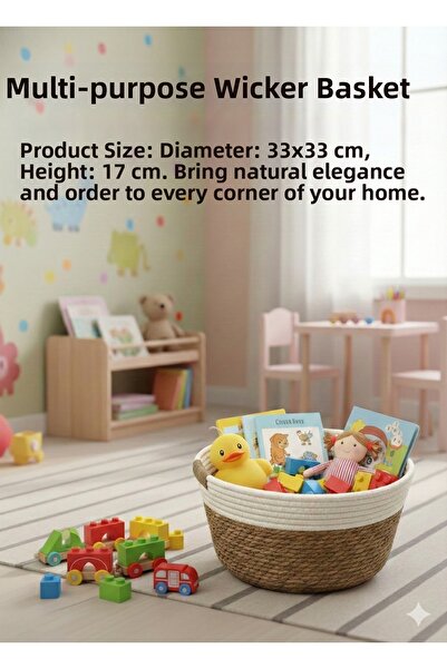 sever ithalat Decorative Two-Tone Wicker Knitted Basket Multi-Purpose Organizer with Handles (3 Size Options - Sold Individually)