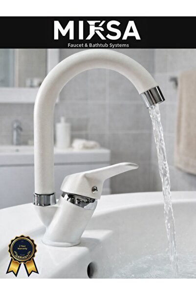 MİXSA White-Chrome Cane Pipe Bathroom Sink Faucet, Tap, Dual Water Inlets