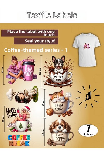 AGG Reklam Iron-On Clothing Label Coffee Themed Series-1 Set of 7