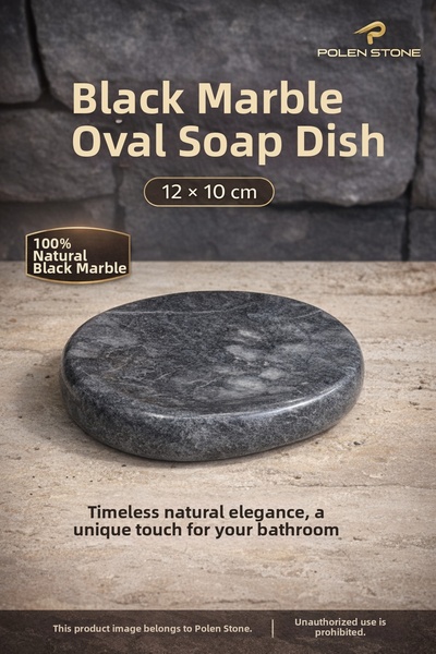 Polen Stone 🖤   Black Marble Solid Soap Dish – Ellipse Model (12 × 10 cm)