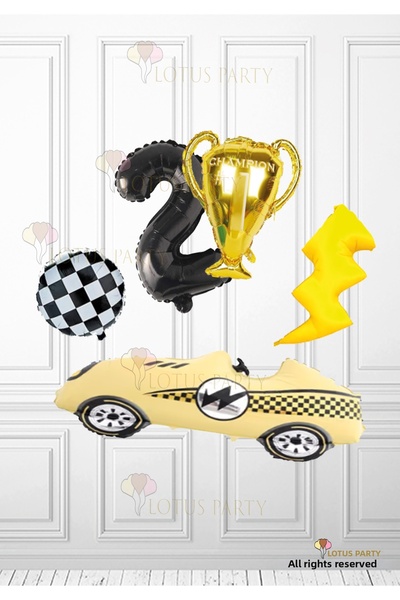 LOTUS PARTY Yellow Retro Race Car Balloon - Trophy Balloon Checkerboard Ballo...