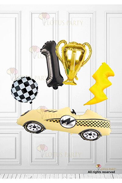 LOTUS PARTY Yellow Retro Race Car Balloon - Trophy Balloon Checkerboard Ballo...