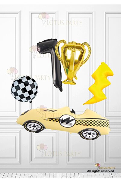 LOTUS PARTY Yellow Retro Race Car Balloon - Trophy Balloon Checkerboard Ballo...