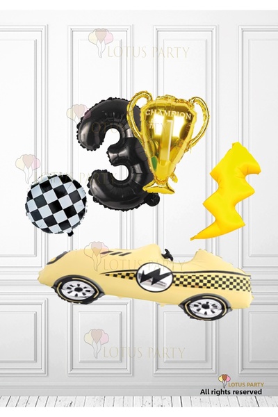 LOTUS PARTY Yellow Retro Race Car Balloon - Trophy Balloon Checkerboard Ballo...