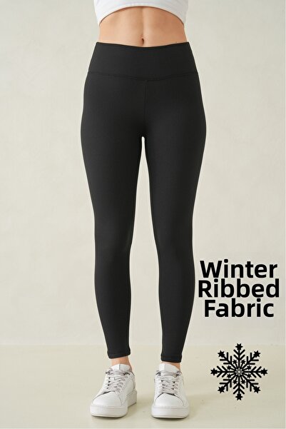 WOMAN VISION Women's Flexible Corded Fabric Fabric Winter Inner Fleece-Lined High Waist Black Sports Leggings 601