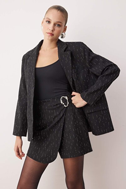 Trendyol Collection Schwarzer, glitzernder, gewebter Party-Neujahrsanzug mit Jacke und Shorts TPRAW26AU00001