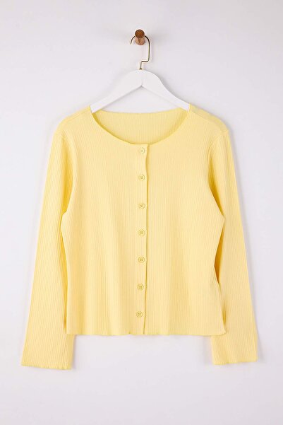 Trendyol Curve Light Yellow Ribbed Knit Knitted Plus Size Blouse Tbbaw26Af00087