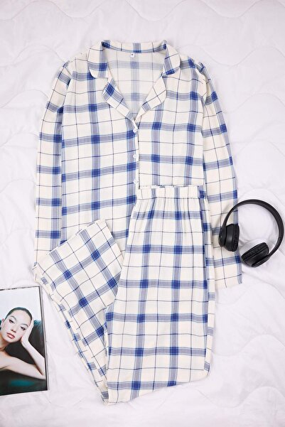 Trendyol Curve Blue Plaid Viscose Woven Pajama Set Tbbaw26Ai00057