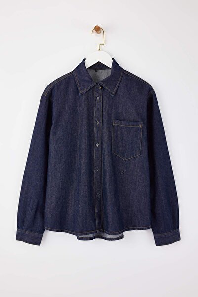 Trendyol Collection Dark Blue Button Detailed Denim Shirt Twoss26Go00007