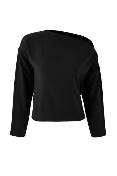 Trendyol Collection Black Boat Neck Slim Fit Crepe Woven Blouse Twoss26Bz00089