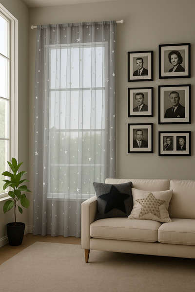 Alacastore Yıldızlı Pembe-mavi-gri Renk Çocuk Odası Keten Görünümlü Tül Perde