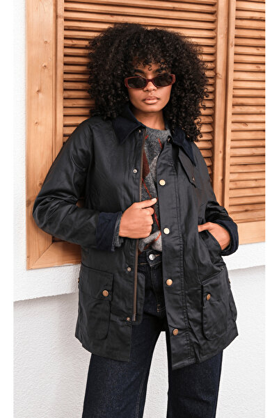 HOPE AND ME Oversize Mumlu Gabardin Ekose Astarlı Fermuarlı Lacivert Parka