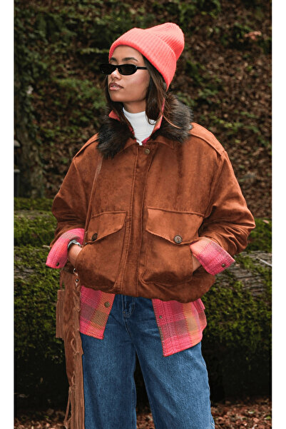 HOPE AND ME Suede Fur Collar Zippered Tan Bomber Jacket