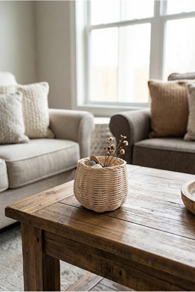 JUST BEST Dekoratif Rattan Mini Hasır Sepet - Çok Amaçlı Makyaj Fırçalığı, Pa...