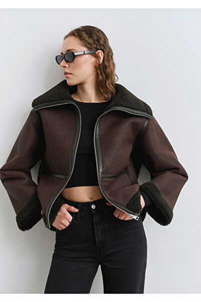 Mavi Faux Fur Detailed Brown Faux Leather Jacket Oversized / Wide Cut 1110718-70219