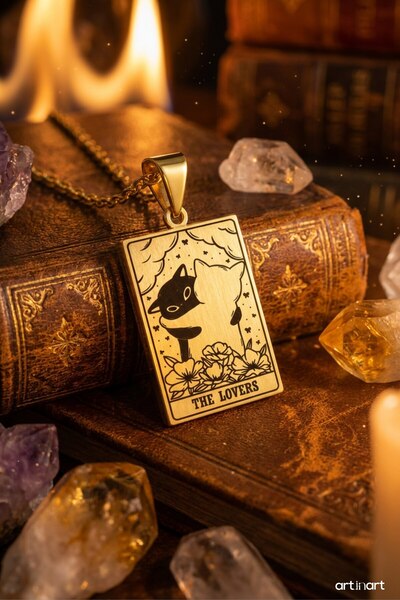 ArtinArt Lovers Tarot Card - Cat 316L Steel Necklace