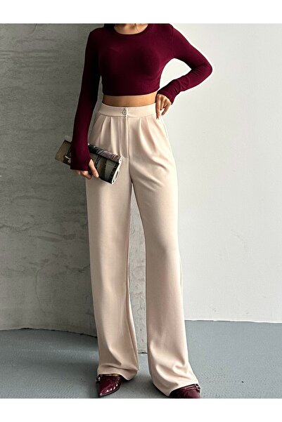 modazoom Kadın Bol Paça Kumaş Palazzo Pantolon Crep Kumaş