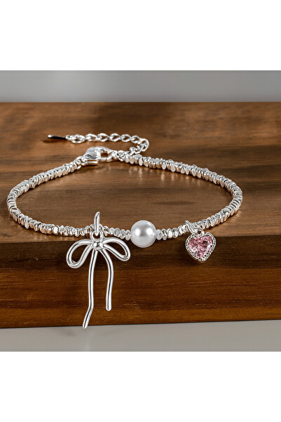 KUMİ 925 Ayar Gümüş Kadın Bileklik Fiyonk Figürlü İnci ve Kalp Taşlı Zarif Ta...