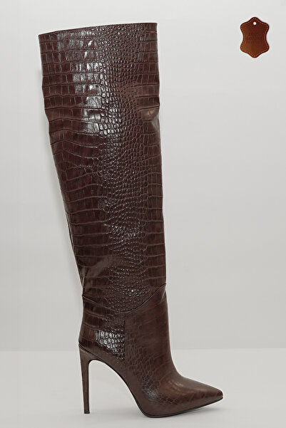 wanita milano Dana Derisi İnce Topuk ÇizmeKadın Hakiki Deri Diz Üstü Sivri Burun