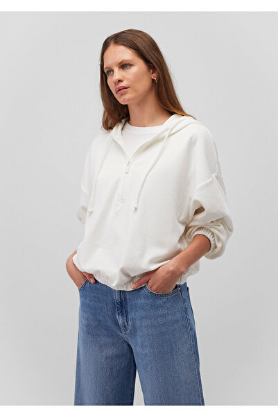 Mavi Yarı Fermuarlı Kapüşonlu Beyaz Sweatshirt 1S10248-80194
