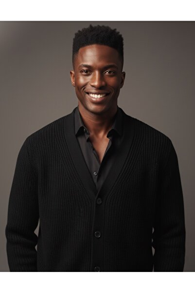 LWL V Yaka Fitilli Örgü Oversize Kontrast Düğmeli Erkek Siyah Hırka