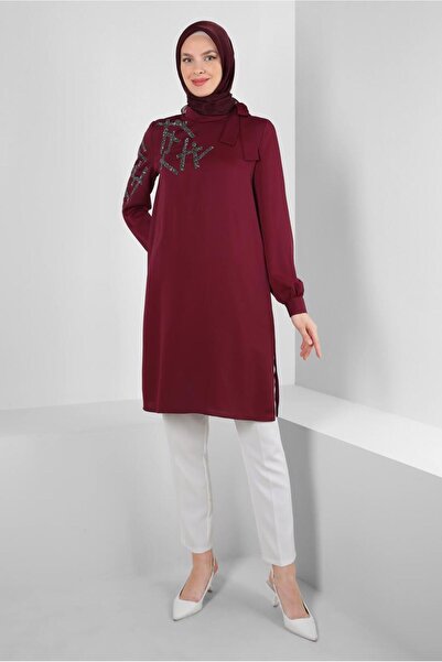 Alvina تونيك بياقة مطبوعة بالأحجار مع تفاصيل ربطة عنق 43506