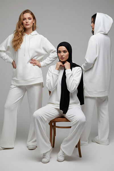 diasmoda Kapüşonlu Bol Kesim Scuba Takım Beyaz