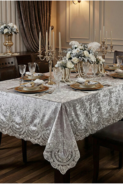 Almila Home مفرش طاولة مخملي رمادي 160x220 سم فاخر فرنسي مزين بالدانتيل مقاوم...