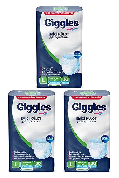 giggles Yetişkin Emici Külot Bez Büyük Boy (Large) Bel Boyu 100-150cm  Islaklık Göstergeli - 3 paket 90Adet
